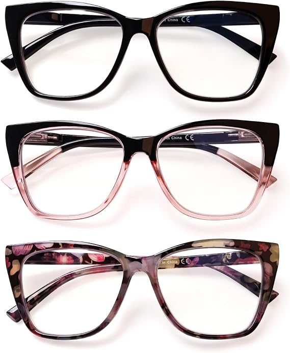 3 Pack Reading Glasses for Women Blue Light Blocking Readers Fashion Cat Eye Eyeglasses Spring Hinge
