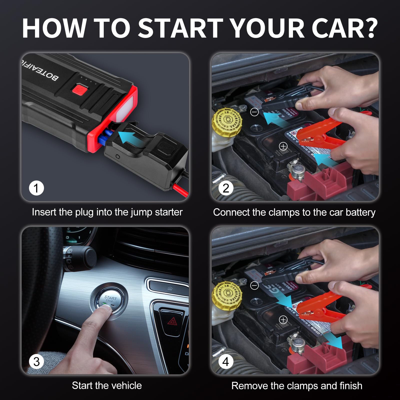 Avviatore Batteria Auto 3000A Avviatore di Emergenza per Auto/Moto Booster Catteria Auto (8.0L Gas o 6.5L Diesel) 12V Jump Starter BoosterTorcia a LED Ricarica USB