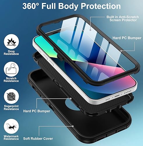 Miniatura 3 de Funda para iPhone 14, iPhone 13, con protector de pantalla integrado protección contra caídas de grado militar Funda de cuerpo completo a prueba de