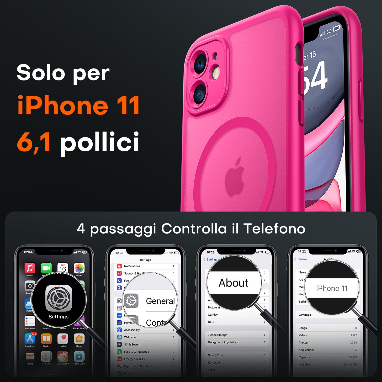 TOCOL Cover Magnetica per iPhone 11 6,1 Pollic, Compatibile con MagSafe, Protezione Fotocamera Integrata, Custodia Antiurto Traslucida Opaca, Rosa Caldo