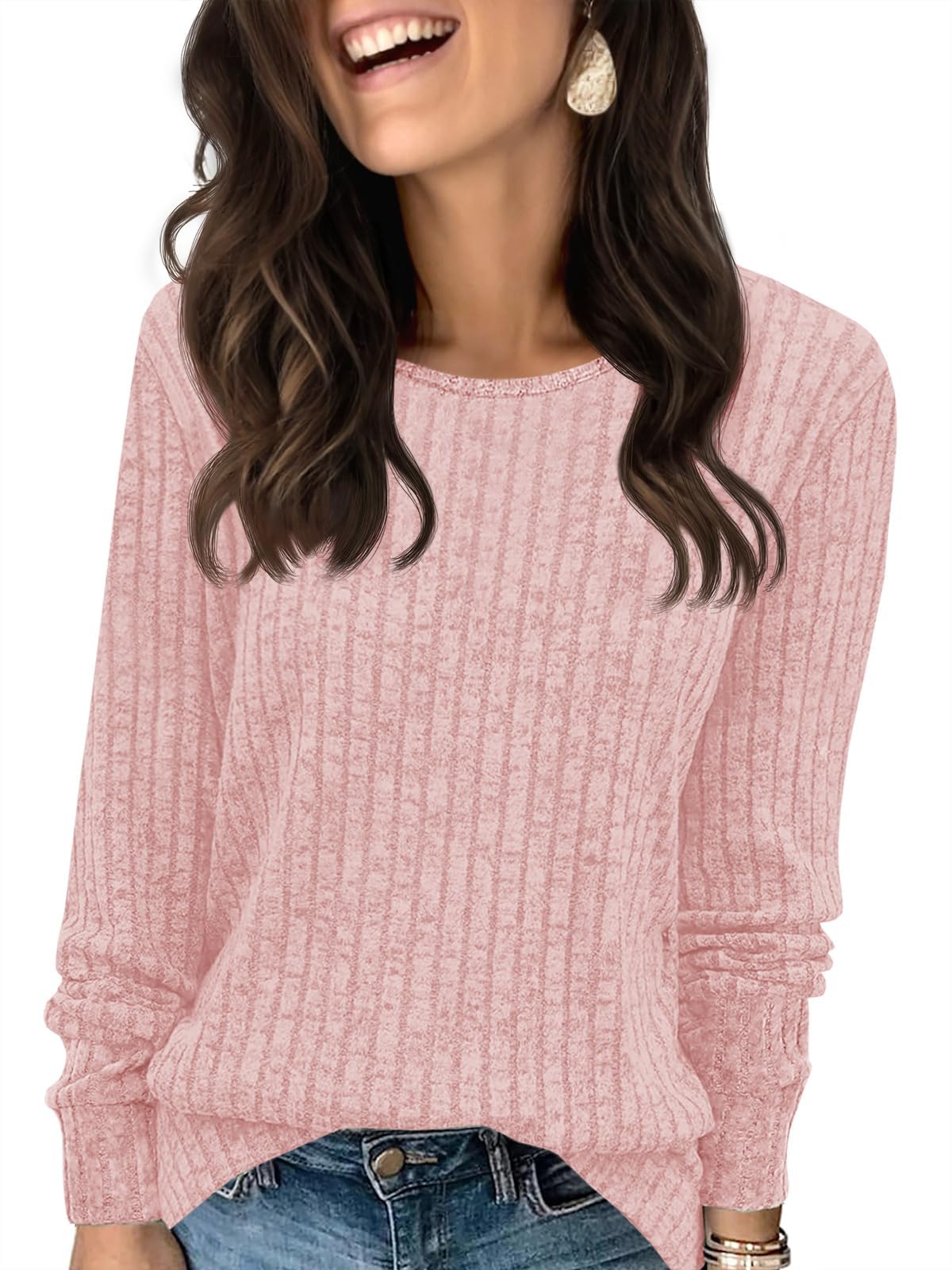 Fisoew Pullover Damen Langarmshirt Leichter Rundhals Casual Strickpullover Oberteil Loose Fit Pulli Sweatshirt,Rosa,L