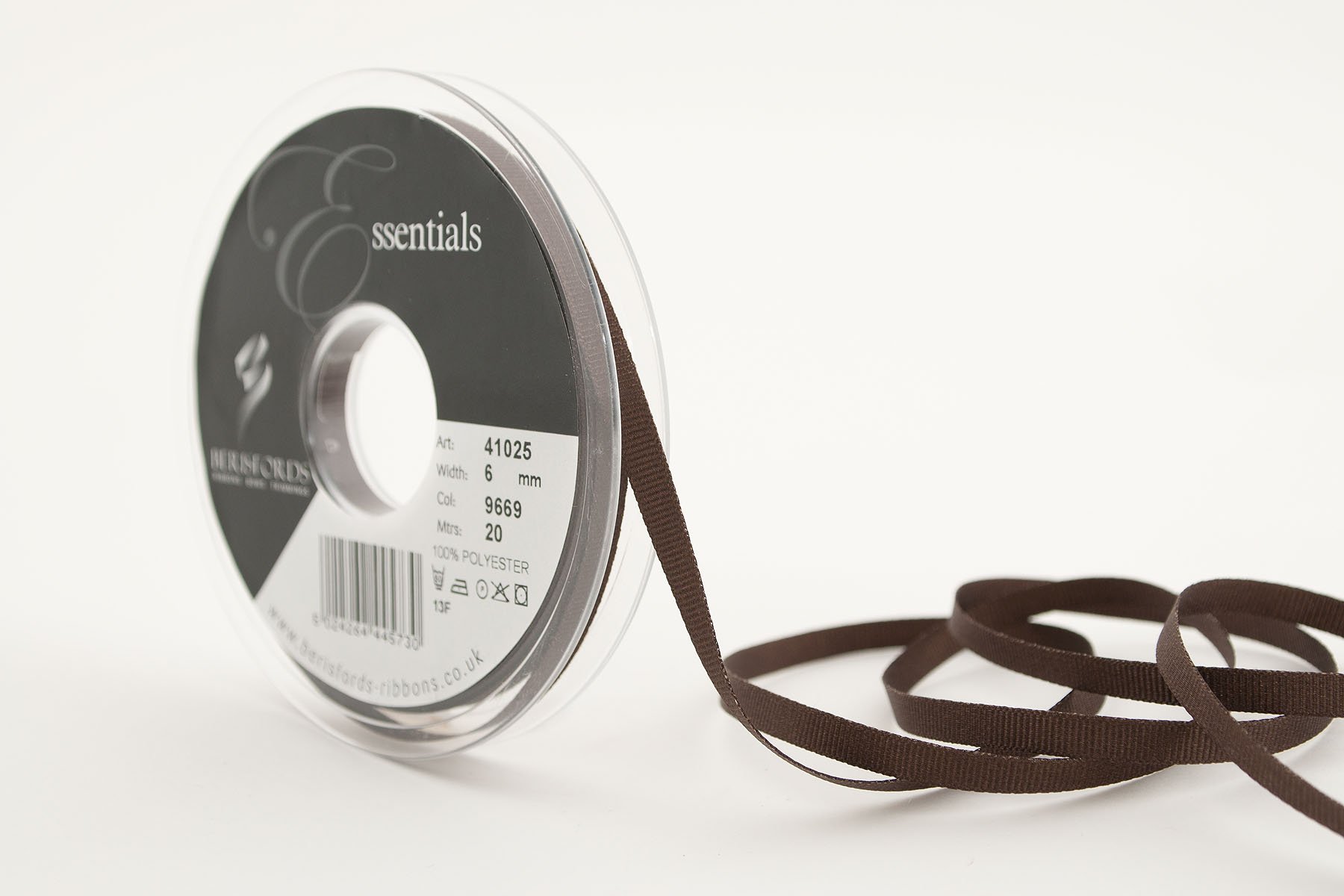 Berisfords 41025 20 m x 6 mm Polyester Grosgrain Ribbon, Chocolate