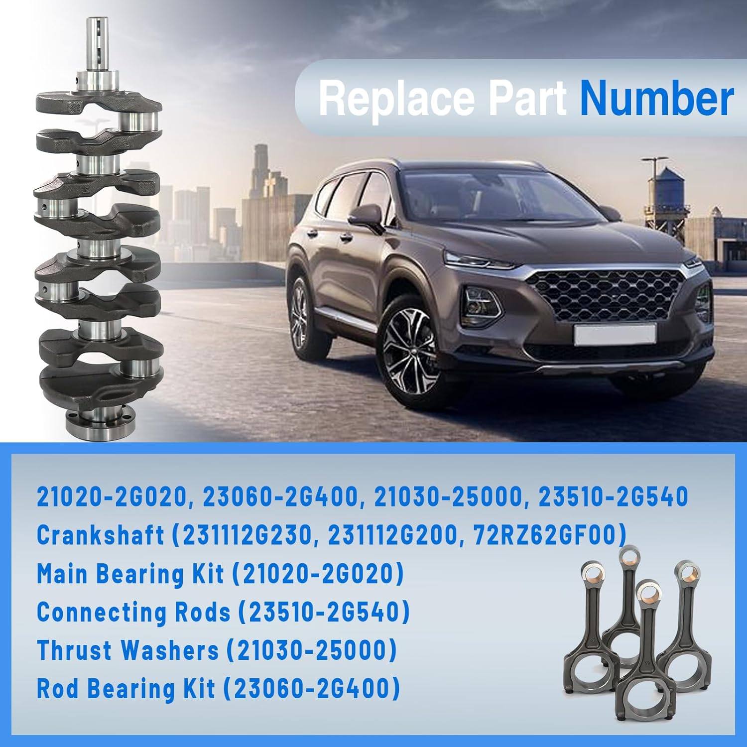 Crankshaft Connecting Rod Kit Compatible with Hyunda-i 2011-2020 Santa Fe Sport, Sonata, Tucson; for Ki-a 2010-2020 Forte Koup, Forte5, Optima, Rondo, Sorento, Sportage,Replace#231112G230 23111-2G230