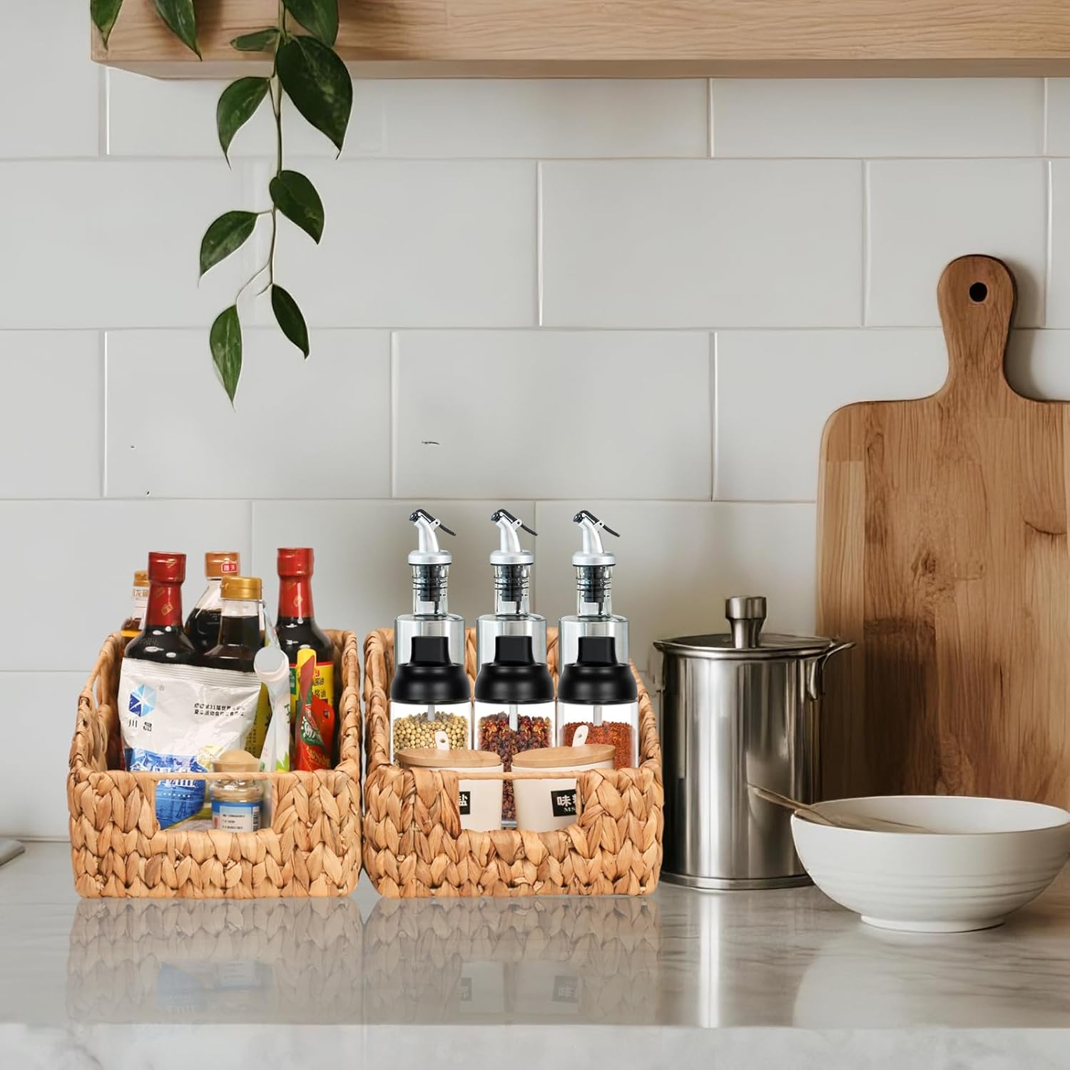 Water Hyacinth Pantry Baskets with Built-in Handles - Natural, Handwoven Wicker Storage Baskets for Storage Shelves Organizing(2 Pack)