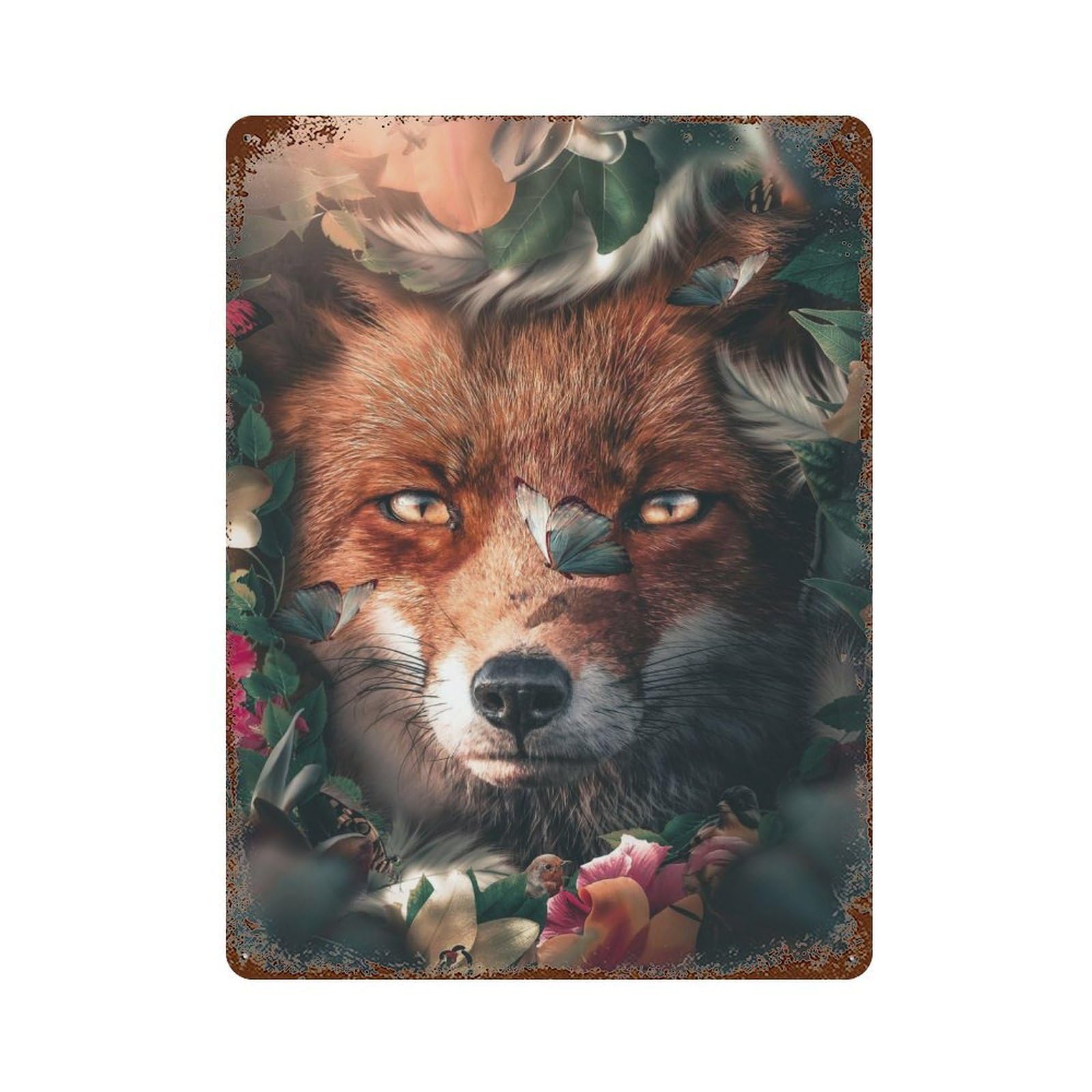 Floral Fox Decorative Tin Sign 15.7"x11.8", for Bistro, Counter And Cafe Decor, Retro Wall Decor