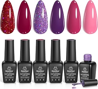 Beetles Gel Nail Polish, 6 Colors Peach Pink Purple Burgundy Red Plum Glitter Gel Polish Ruby Sonatas Collection, Soak Off Uv Lamp Cured Nail Art Design Fall Nails for Women DIY Manicure