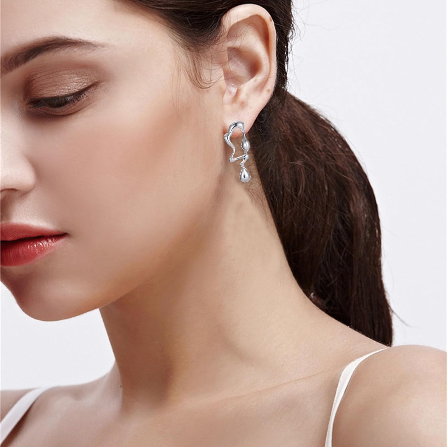 Irregular Waterdrop Earrings Mismatched Melting Liquid Asymmetrical Stainless Steel Ear Studs for Women - Image 4