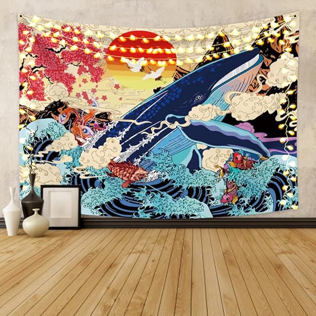 OFILA Tapestry Great Wave Japanese Wall Tapestry The Great Wave Of Kanagawa Wall Hanging Big Whale Koi Fish Tapestry Aesthetic Bedroom Livingroom 180x120cm