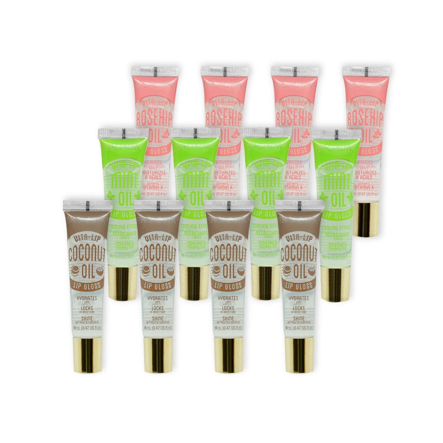 KISS Broadway Clear Lip Gloss 0.47oz/14ml 12Pcs (Coconut, Mint and Rosehip Oil)