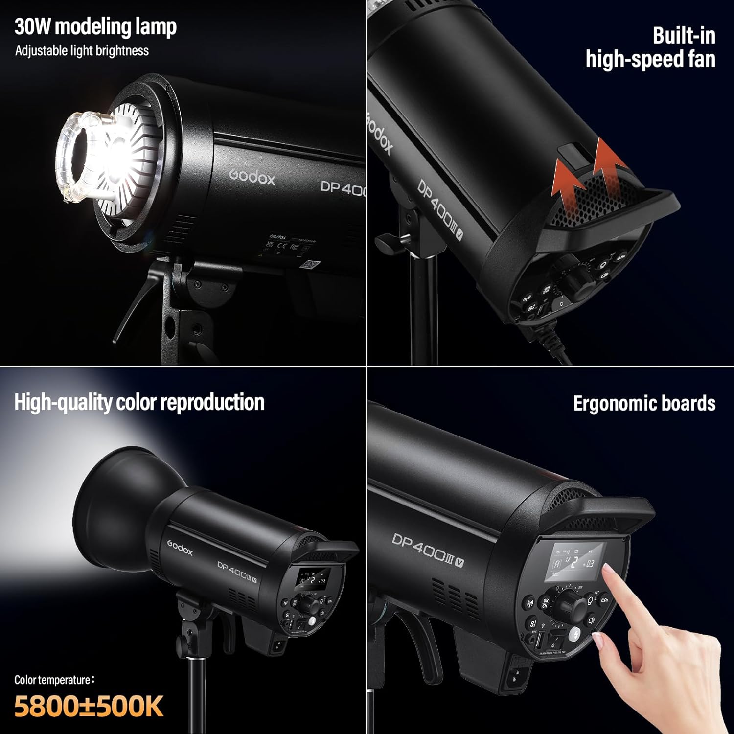 Godox 2 Pack DP400III-V DP400IIIV 800Ws Photo Speedlite Studio Flash Strobe Monolight Bowens Mount Kit for Studio Shooting with Softbox,Light Stand,Barn Door Kit,Reflector