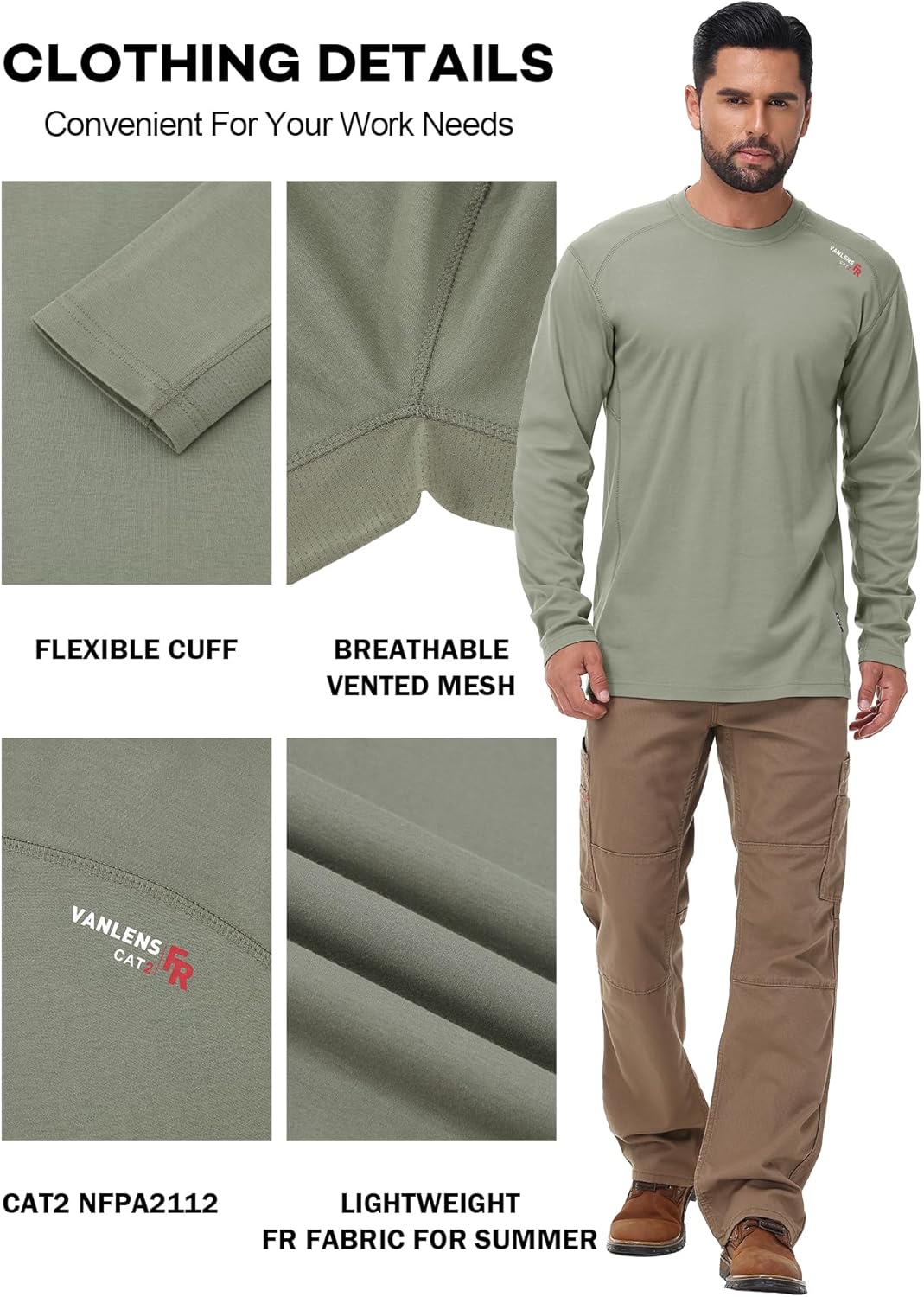 FR Shirts for Summer 5.5OZ Lightweight Breathable Vented Mesh Flame Resistant Long Sleeve Crew T-Shirt CAT2 - Image 5