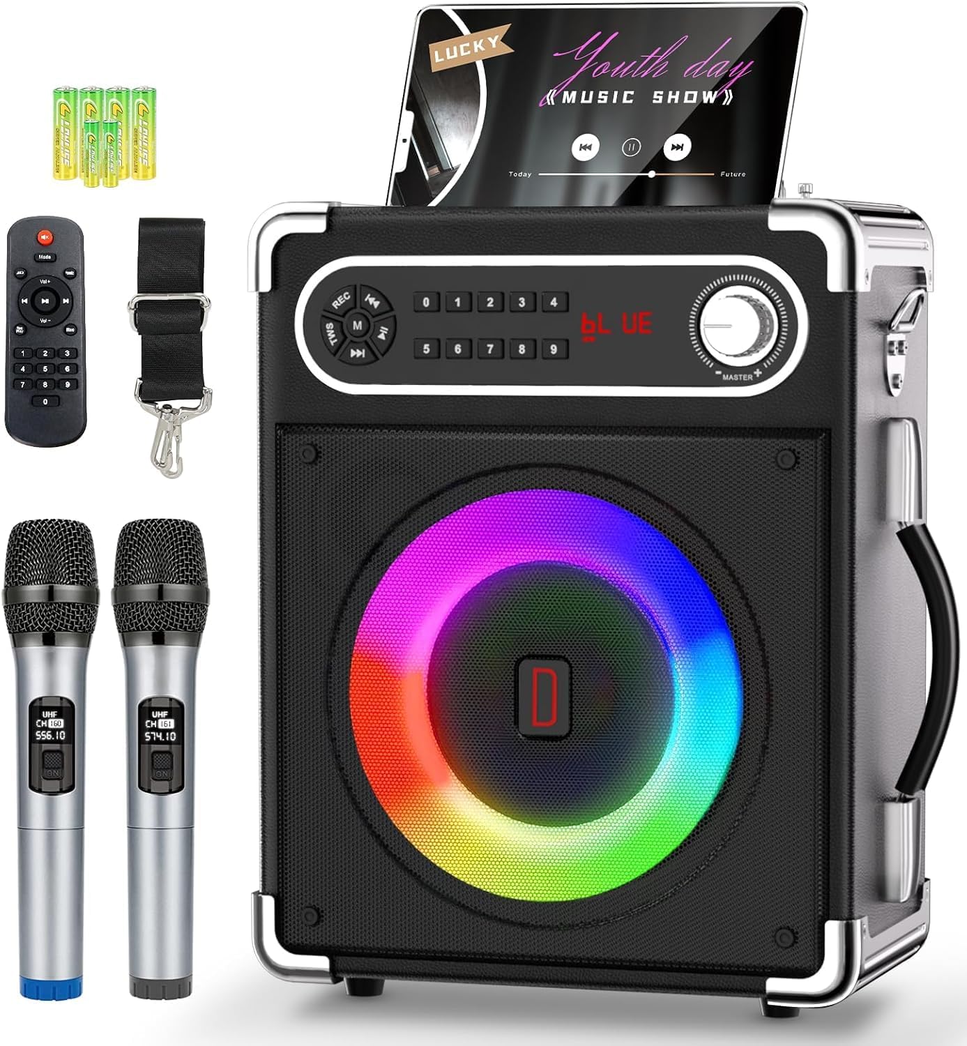 Karaoké avec 2 Microphones sans Fil, Enceinte Bluetooth 5.3 Portable avec Lumières LED, Réglage des Basses et des Aigus, Système de Sonorisation avec Télécommande, Compatible FM/AUX/USB/TF