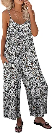 Dokotoo Women's Loose Sleeveless Jumpsuits Adjustable Spaghetti Strap Stretchy Long Pant Romper Jumpsuit with Pockets