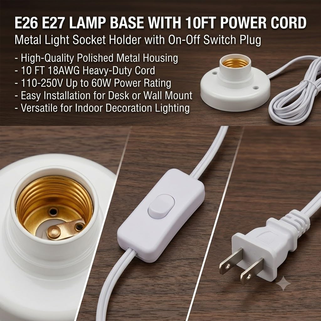 2Pcs Desktop Lamp Base Light Base Socket for E26 E27 Screw Light Bulb Socket Holder Base with 10 Feet Cord on Off Switch Plug for Holding Bulb for Your Night Light