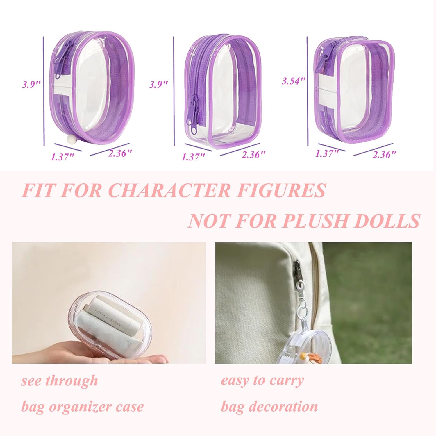 Clear Figure Display Bag with Keychain, Mystery Box Mini Figures Carrying Case Bag Pouch Keychain Charms for Collectibles (Baby Pink, Cabin)