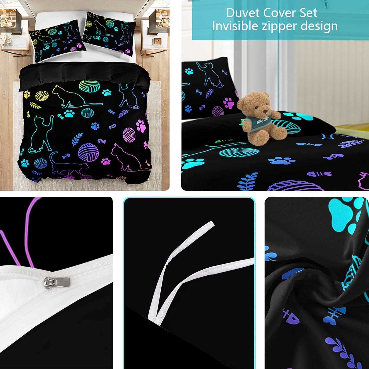 Axolotl Black Cat Bedding Cartoon Duvet Cover Set Queen Size,Neon Paw Ball of Yarn Printed Kids for Lover Boys Girls Room Decor 1 Quilt 2 Pillowcases No Comforter,Purple Blue