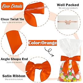 AIMUDI Twist Tie Bows for Treat Bags 3.5 Orange Satin Ribbon Bows for Crafts Premade Bows with Twist Ties for Autumn Cake Pop Candy Apple Small Bows for Gift Wrapping Wedding Halloween Decor, 50 PCs