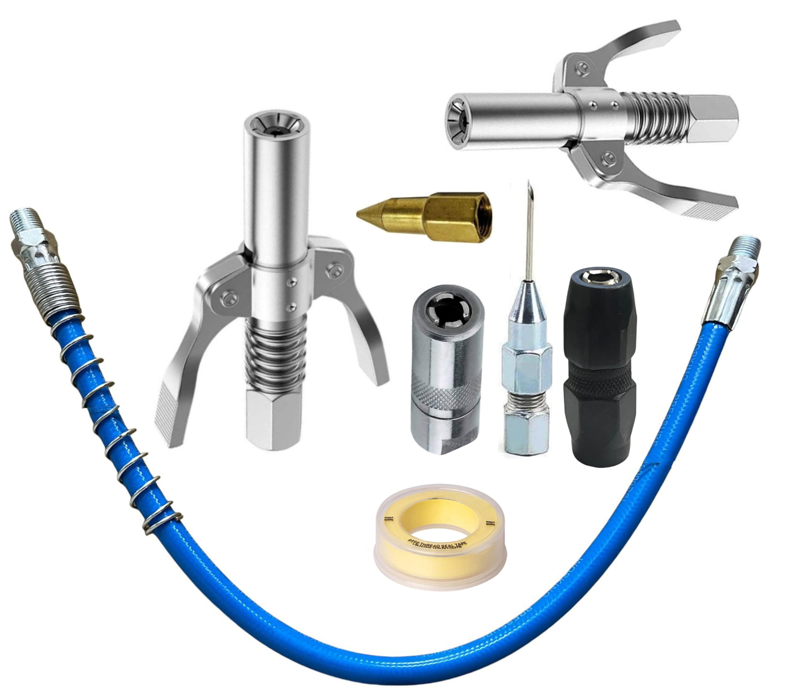 EPITECH MART Grease Gun Coupler 2Pc Coupler With 4Pc Grease Gun Adaptor, 1Pc Teflon Tap, 15inch Flexiable Blue Hose Pipe-image-1