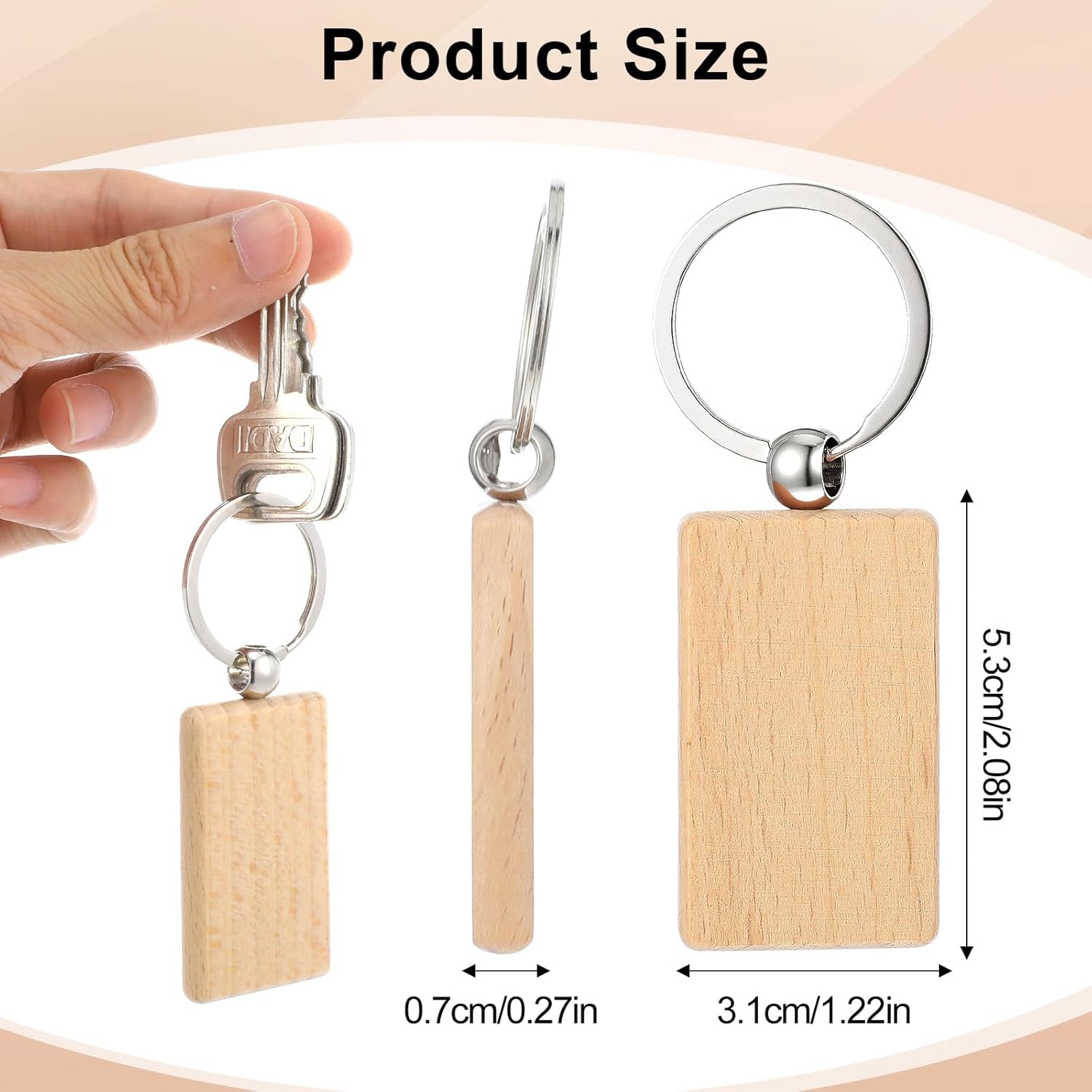 50 Pcs Wooden Keychain Blanks, Unfinished Rectangle for Laser Engraving with Key Rings, for DIY Crafts and Gifts - Image 2