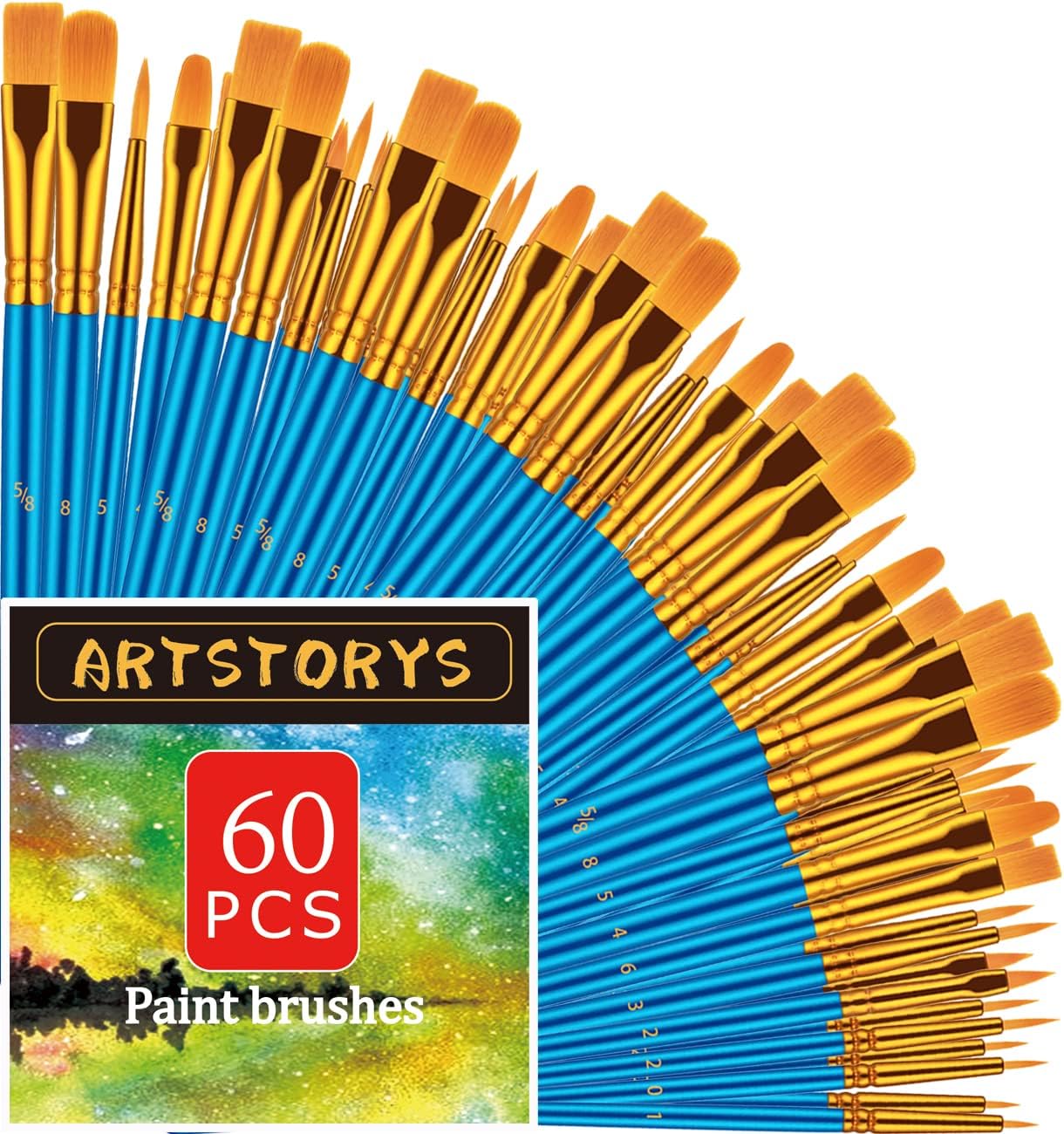 Artstorys 60Pcs Paint Brush Set for Acrylic, Oil & Watercolor, Blue