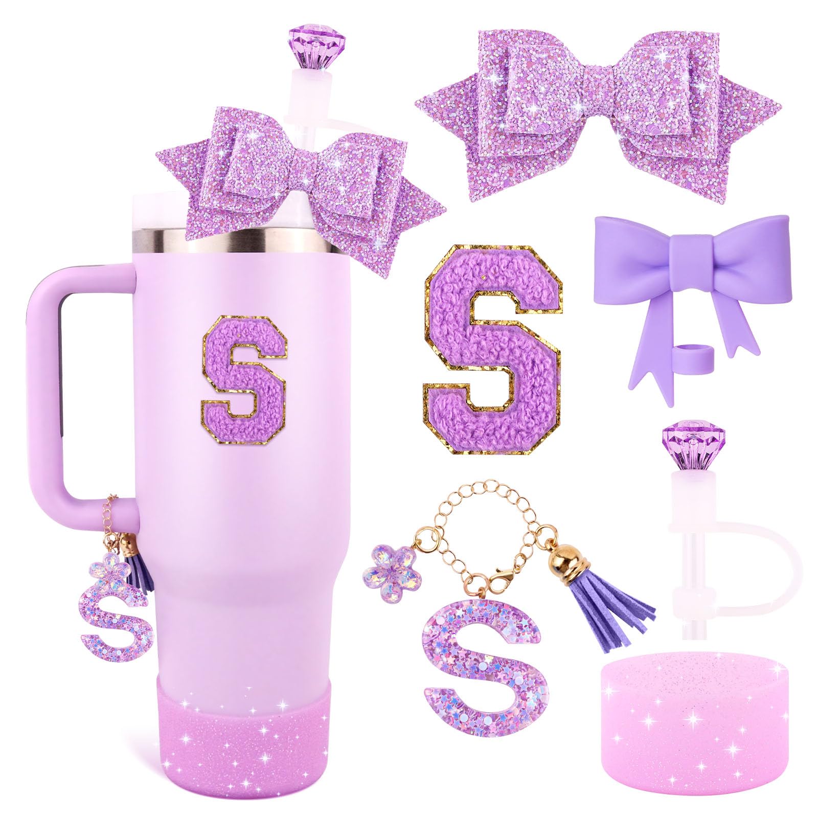 Purple Cup Accessory Set for Stanley Mug with Handle, Letter Charms, Bow and Diamond Straw Covers, Glitter Silicone Boots, Personalised Sticker for Stanley Cup Accessories (S) โ image 1