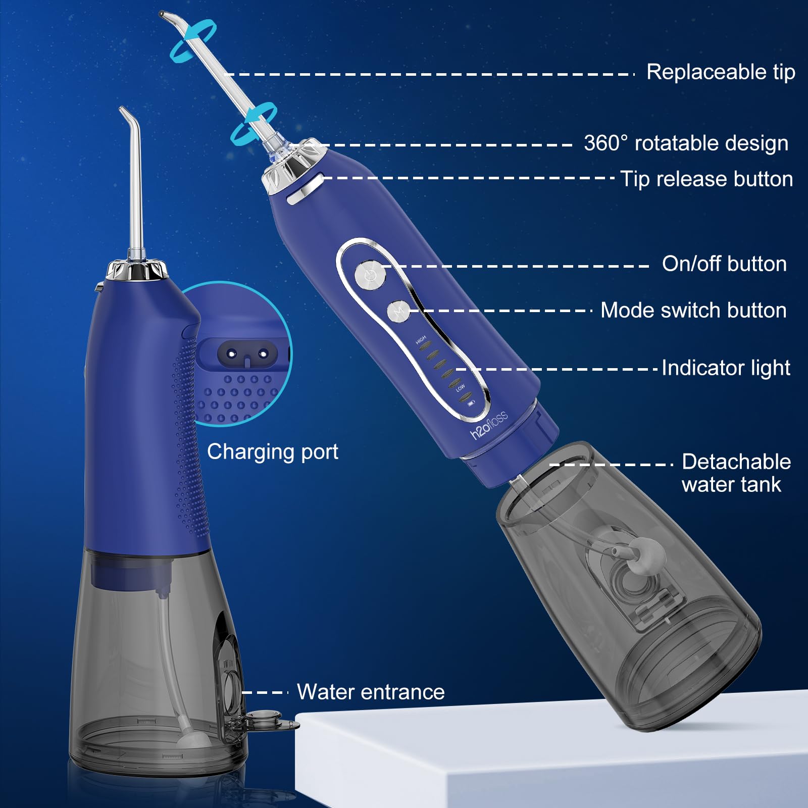 H2ofloss Hydropulseur dentaire pour dents : 5 modes sans fil, portable, 300 ml, nettoyeur de dents étanche IPX7, pour la maison, les voyages, bleu foncé