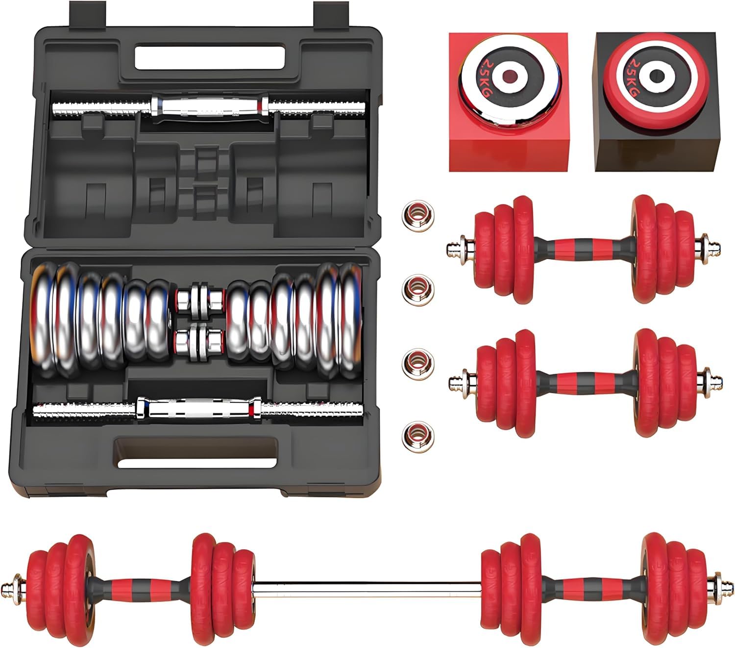 HAKENO Adjustable Weights Dumbbell Barbell Set Anti-Slip Metal Handle 3-in-1 Cast Iron Free Weights Dumbbells Set with Connecting Rod for HomeBody Workout Fitness 30kg