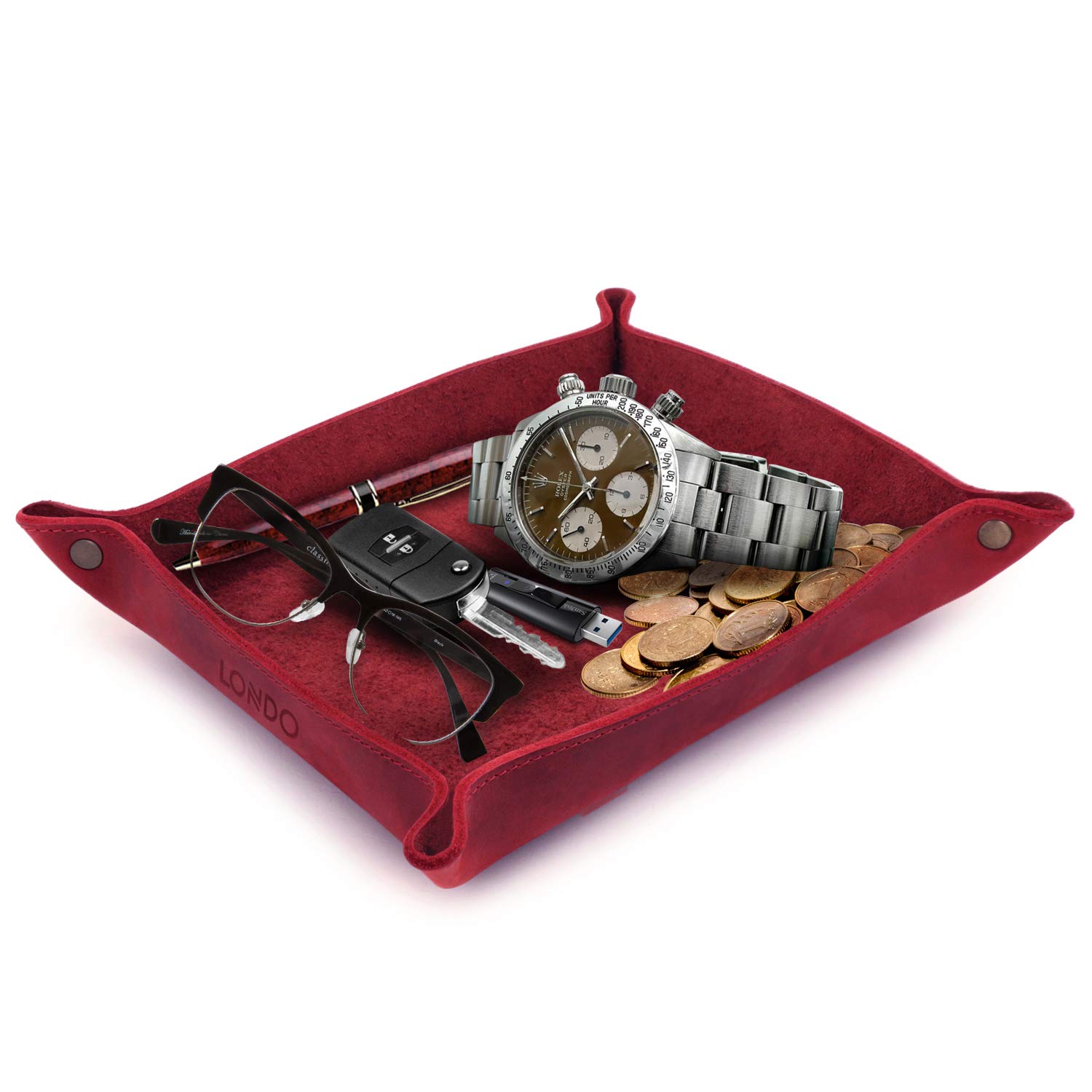 Londo Bandeja de Cuero Real Organizador Práctica Caja de Almacenamiento para Carteras, Relojes, llaves, Monedas, Teléfonos Celulares y Equipos de Oficina, Unisex