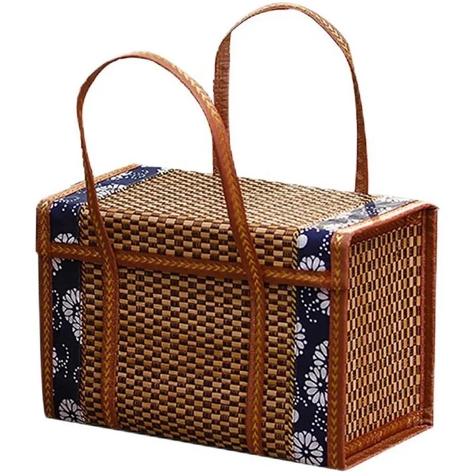 Picnic Basket Picnic Woven Basket Wicker Storage Bag Handle Rattan Grass Foldable