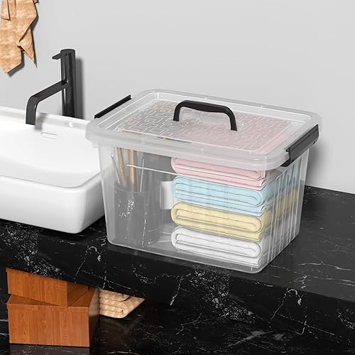 Miniatura 5 de Juego de 4 contenedores de almacenamiento con tapas de pestillo, caja de almacenamiento de plástico transparente con asa, 18 L