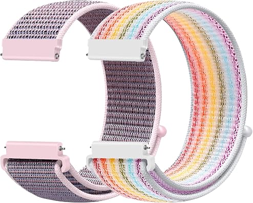 Quick Release Watch Band 18mm 19mm 20mm 22mm 24mm, Nylon Sport Loop Watch Bands for Samsung Galaxy/Garmin/Fossil/Amazfit/Huawei Nylon Replacement Strap Women MenPink Sand+Rainbow Stripes,19mm
