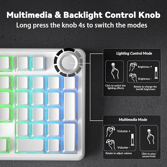 AULA F99Pro Silent Mechanical Keyboard,Tri-mode Wireless Gaming Keyboards with Control Knob,Gasket Structure,Side Translucency,RGB Backlight,Hot Swappable Custom Keyboard (WHITE-Trans)