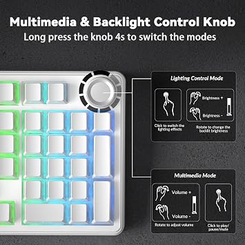 AULA F99Pro Silent Mechanical Keyboard,Tri-mode Wireless Gaming Keyboards with Control Knob,Gasket Structure,Side Translucency,RGB Backlight,Hot Swappable Custom Keyboard (WHITE-Trans)