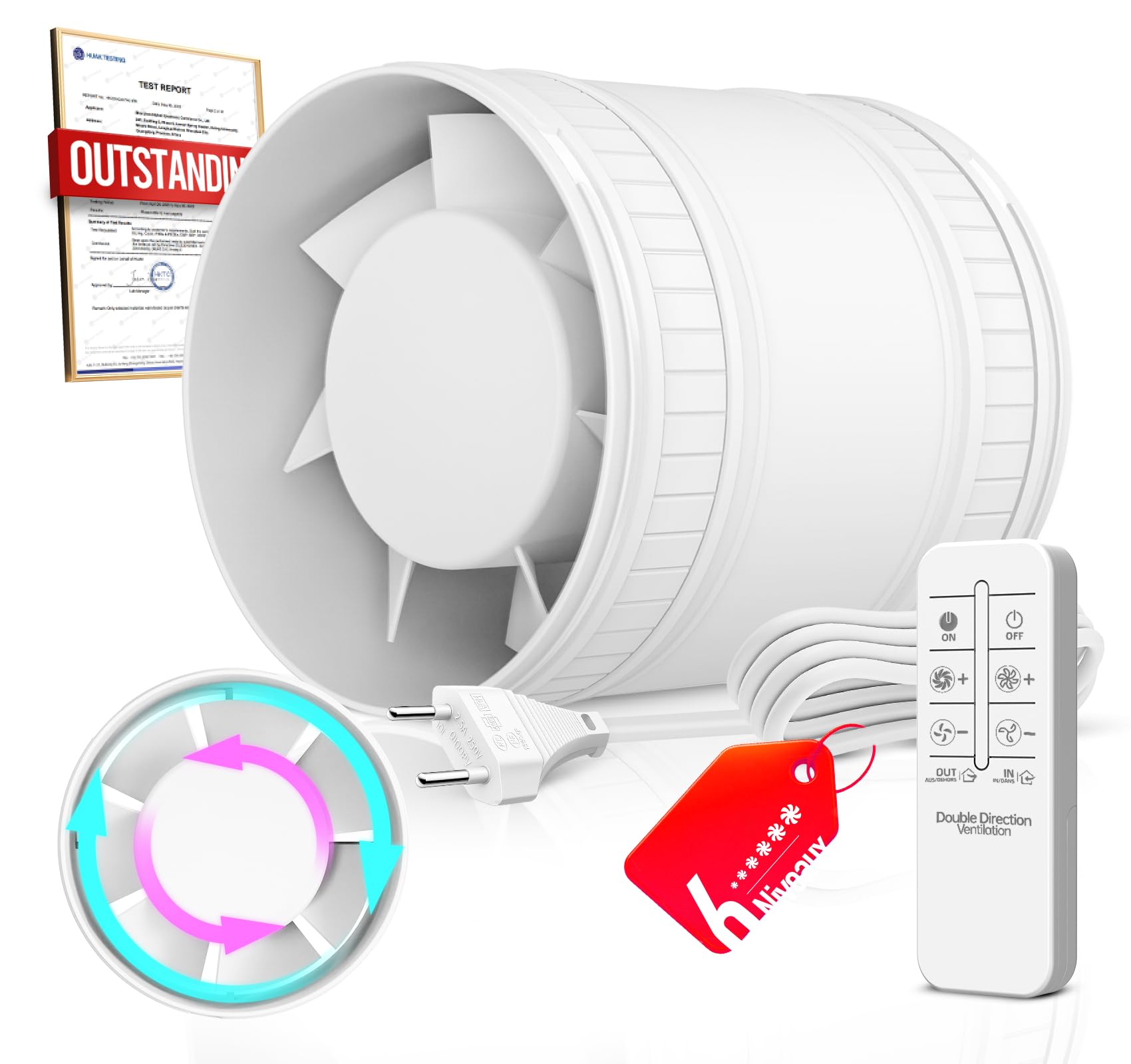 100mm Two-Way In-Line Air Extractor, 6 Speed, Remote Control - Powerful Silent Duct Fan with Overheat Protection, Bathroom Extractor Toilet