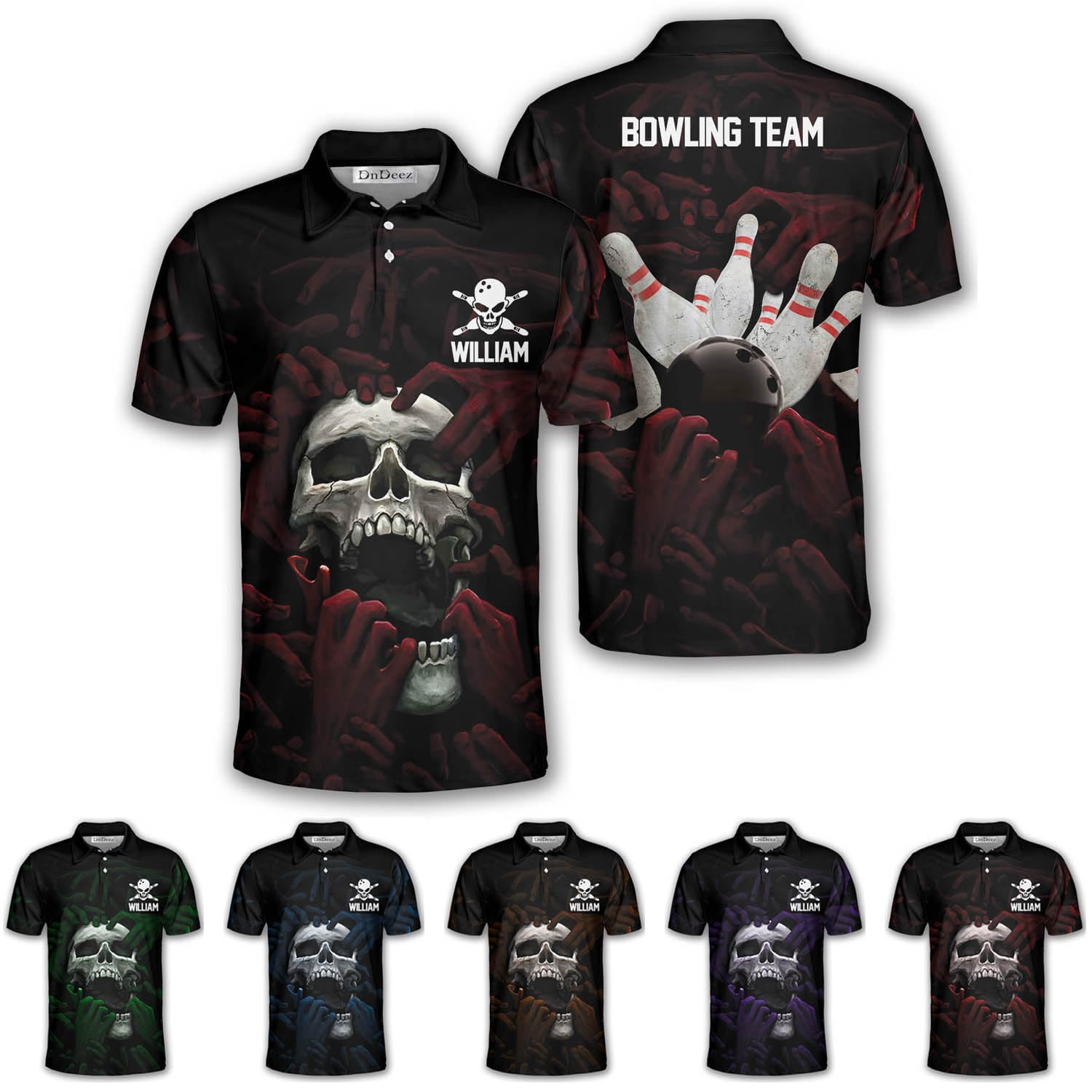 DnDeez Custom Bowling Shirts, Skull Bowling Jerseys Unisex Polo Hawaiian, Personalized Name 5
