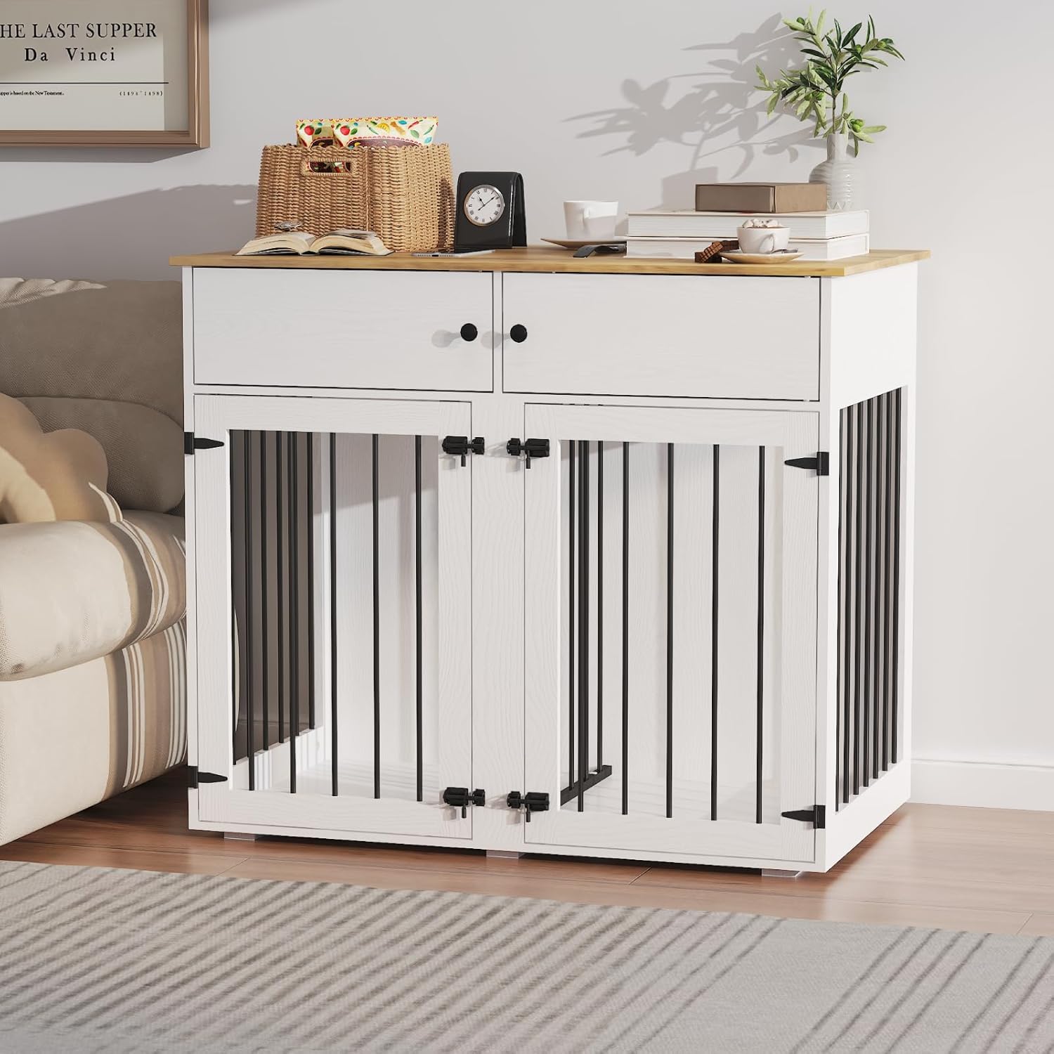 Large Dog Crate Furniture, 41 Inch Dog Kennel Indoor with Removable Divider & Double Doors, Wooden Dog Crates for 2 Dogs, Dog Crate Table for Large/Medium Dogs, White