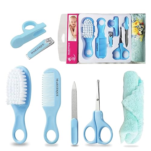 Majestique Kit de aseo para bebés y cuidado de la salud, cepillo de pelo de bebé 7 en 1, peine, cortauñas, lima de uñas y toalla suave para bebés