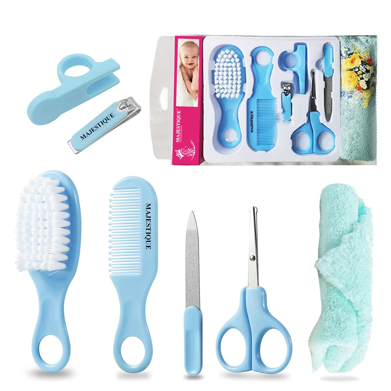 Majestique Baby Grooming Set, Baby Hair Brush, Comb, Nail Clipper, Nail File and Soft Baby Towel, Baby Grooming Kit for New Born Baby, Toddlers Infant Girl Boys Keep Clean (7 in 1 Blue)-image-42