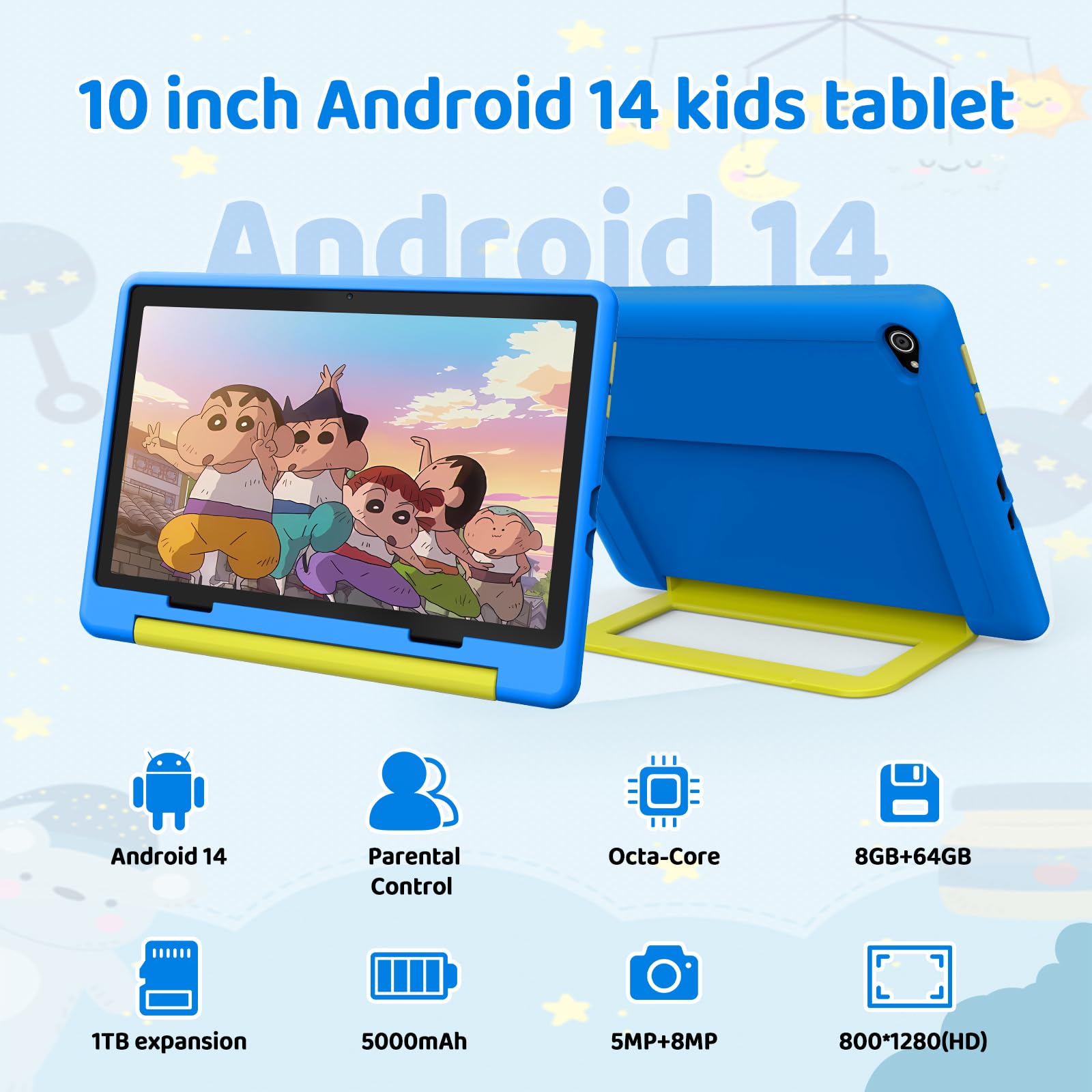 Vekoy Tablet Bambini 10 Pollici Android 14 Display HD 1280x800 Batteria 5000mAh 8+64GB Espandibile a 1TB Doppia Fotocamera 5+8MP Custodia Protettiva + 3 Adesivi DIY (Blu)
