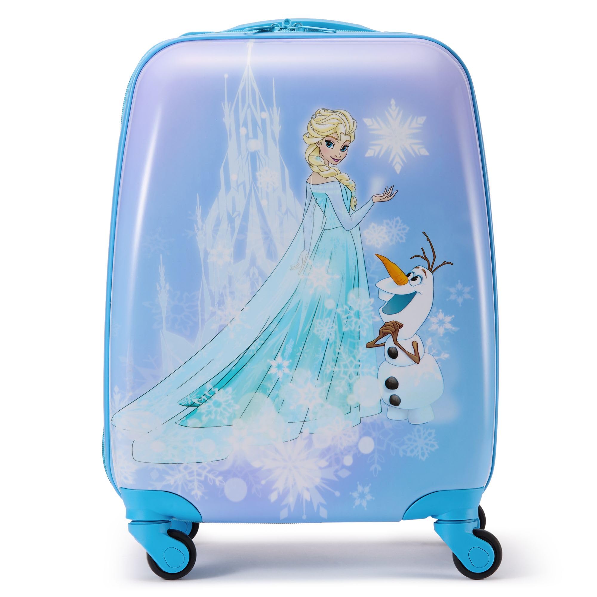 Disney Store Official trolley Frozen, 30 x 23 x 48 cm, valigia rigida blu per bambini, con manico telescopico, ruote multidirezionali, con Elsa, Olaf e motivo a fiocchi di neve