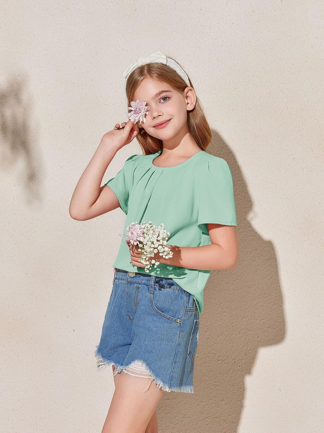 Girls Shirts Summer Short Sleeve Cute Tops Chiffon Pleated Blouses 5-14 Years - Image 5