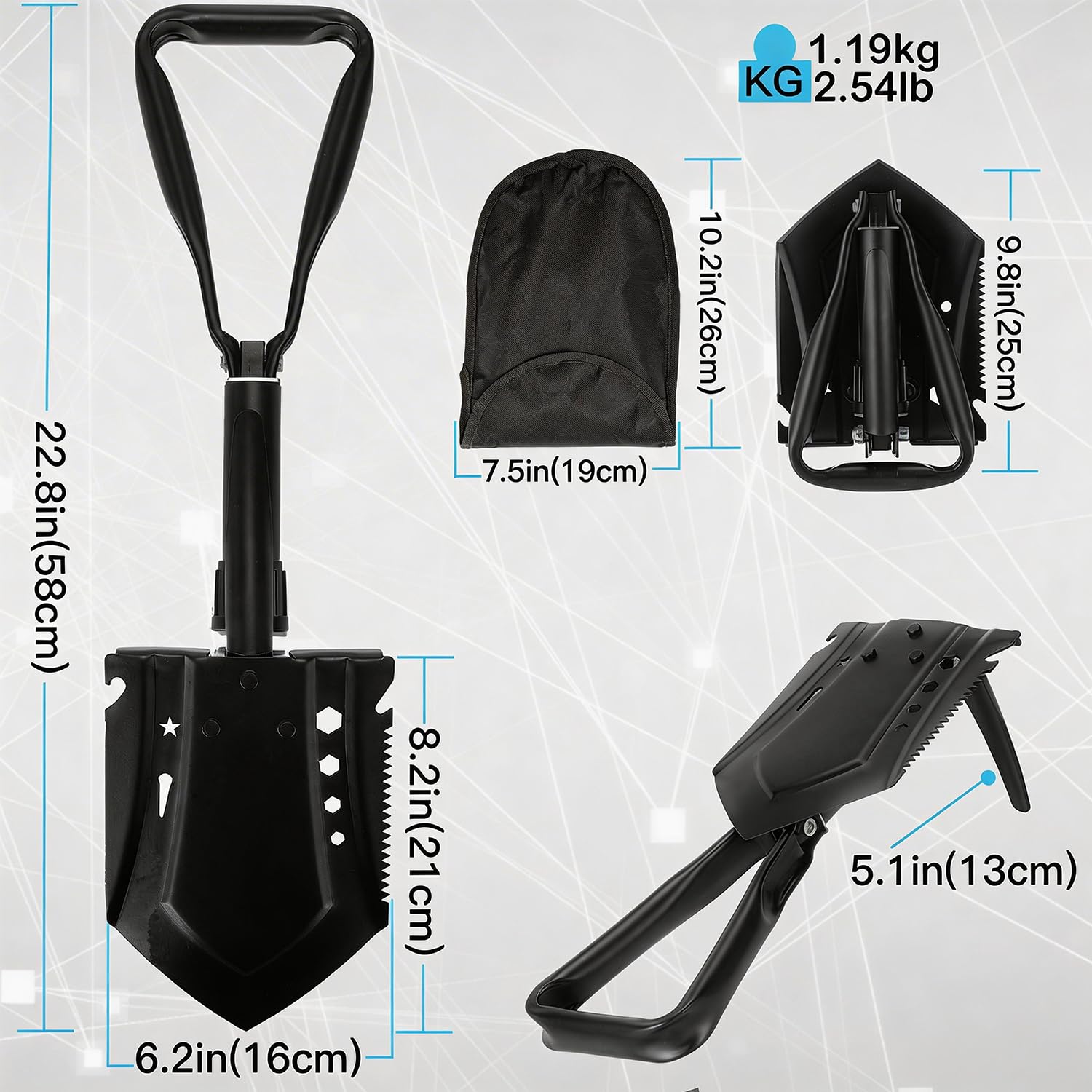 Pala Plegable Multifuncional 58 cm, Pala de Nieve Plegable, Pala Plegable Militar, Pala de Supervivencia Camping, Portátil Pala Plegable para Camping, Jardín, Supervivencia, Senderismo, Car