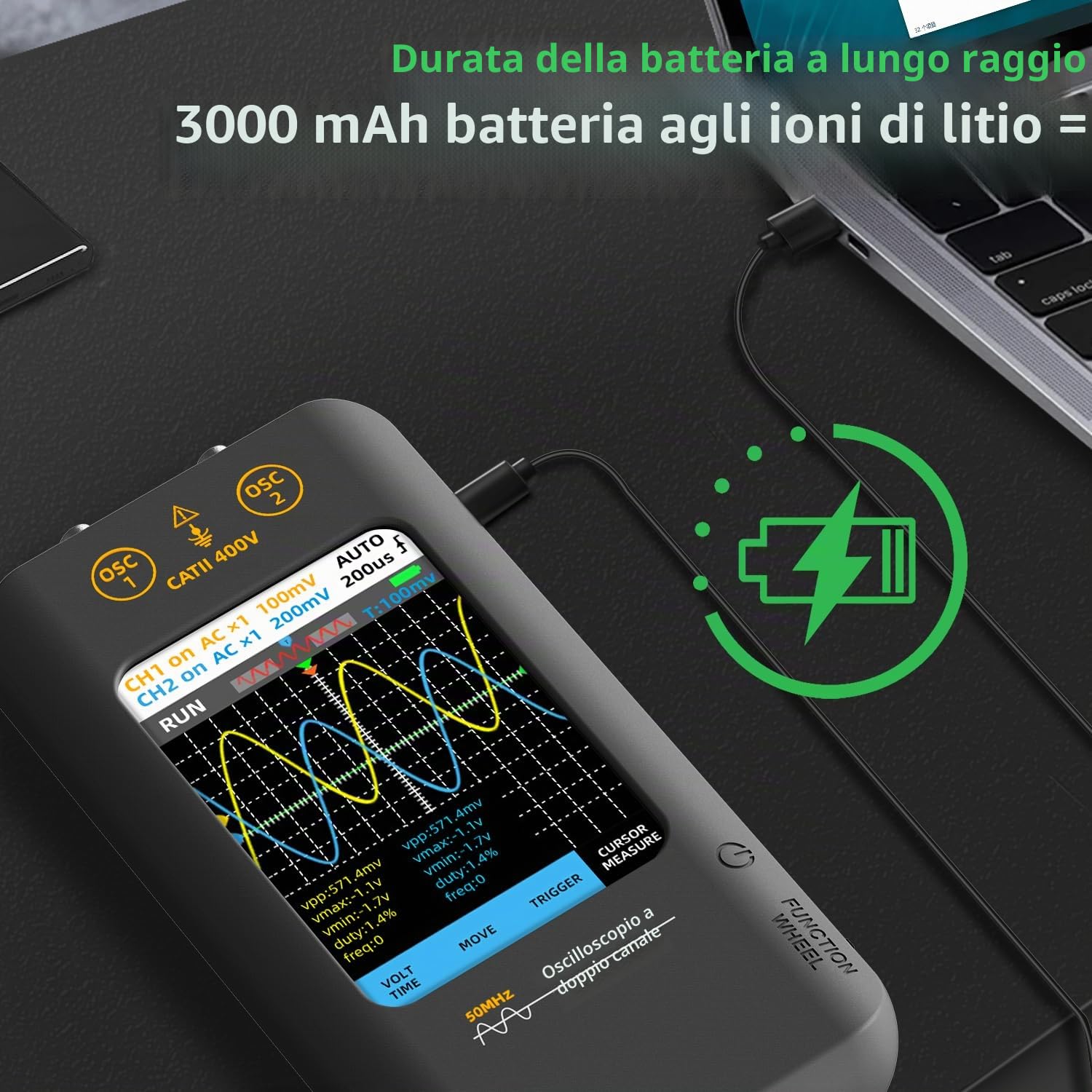 BSIDE Oscilloscopio a 2 canali 50MHz Larghezza di banda Oscilloscopio digitale 3,98'' Touch Screen Oscilloscopio portatile Generatore di segnale 250 MSa/s Frequenza di campionamento