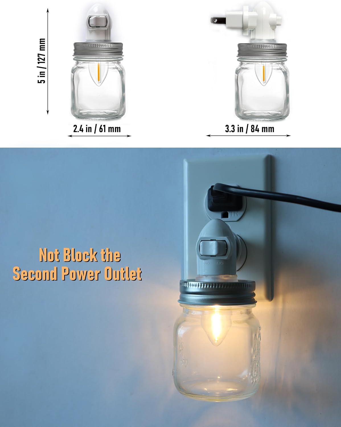 Vintage Mason Jar Plug in Night Light with On Off Switch, 2-Pack 0.5W LED Night Lights Plug into Wall Socket, Farmhouse Nightlight with Mason Jar Lamp Shade for Adult Kids Room Bathroom Hallway