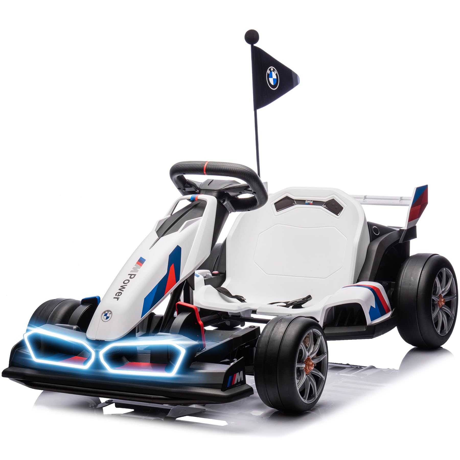 24V 9AH Licensed BMW Electric Go Kart, 7.5 MPH Drift Kart with 400W Motor, Outdoor Driftable Kids Race Pedal Go Karting Car w/Adjustable Seat, Lights, for 6 Years Old, White