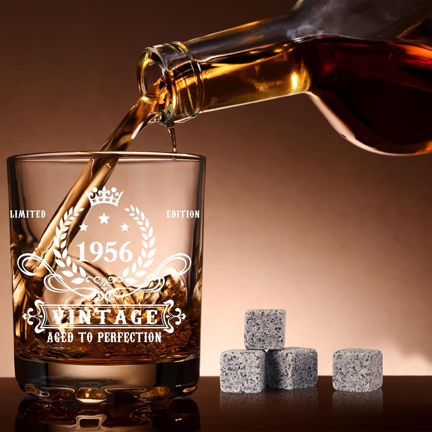 YeohJoy 70th Birthday Gifts for Men,Vintage 1956 Whiskey Glass Set,Wood Box & Whiskey Stones & 1956 Poster Anniversary Card & Coaster,Birthday Gifts Ideas for Him,Husband,Dad - Image 6