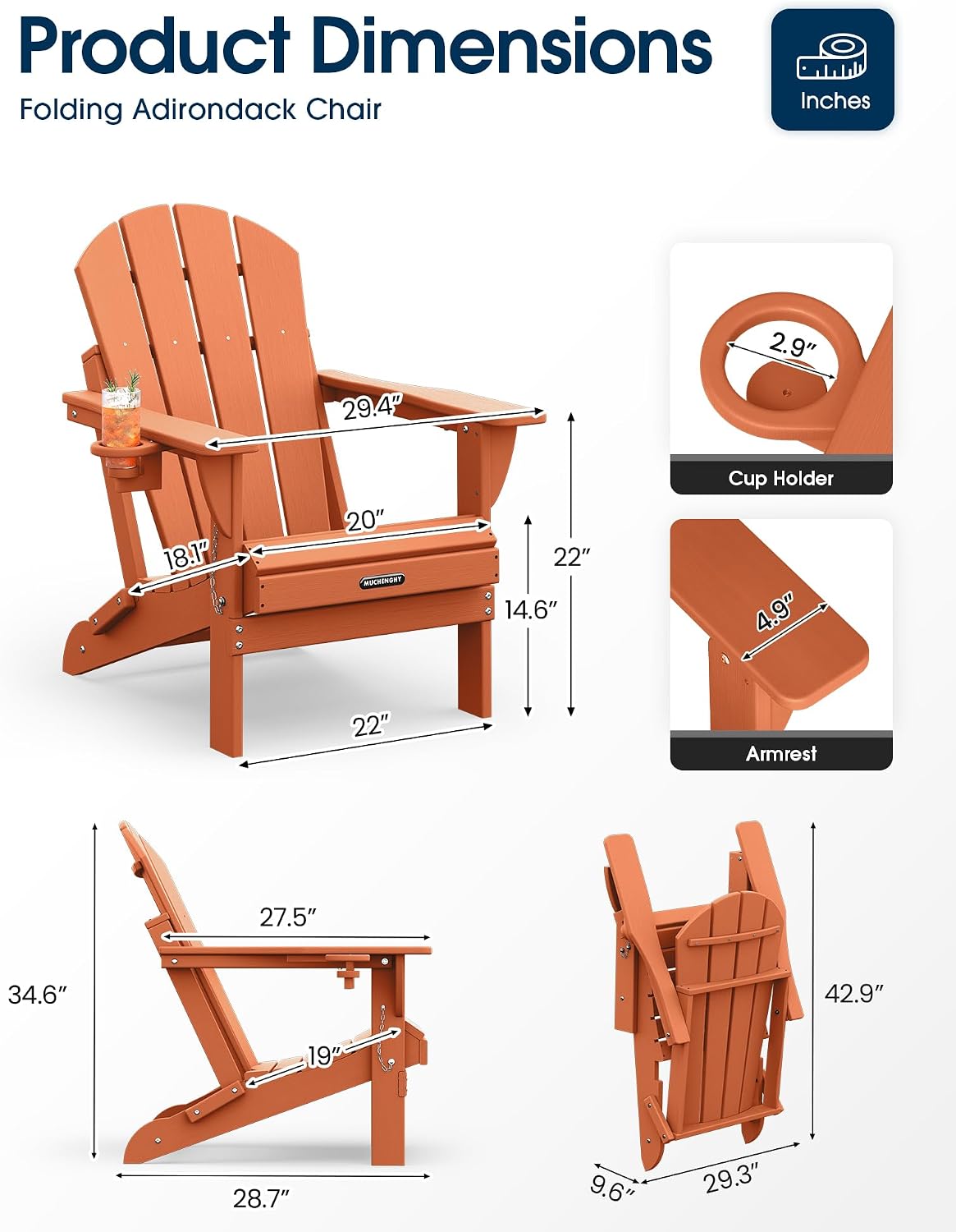 MUCHENGHY Folding Adirondack Chairs, HDPE Patio Chair, All-Weather, Orange