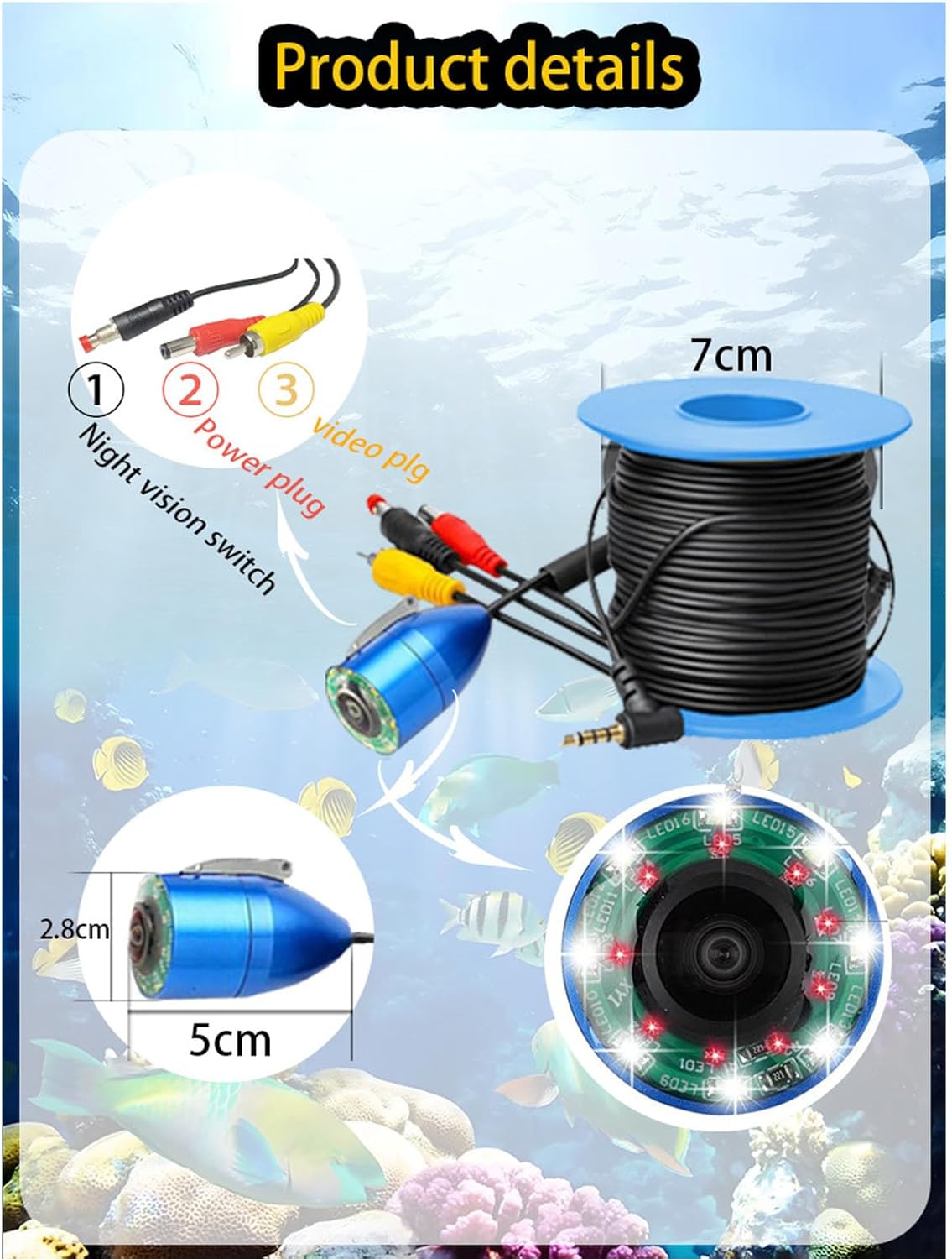 Underwater Fishing Camera Kit, 5MP 1080P HD 7 Inch LCD Monitor Portable Fish Finder Water Proof Fishing Camera with 98.4ft Cable 8 LEDs Light for Ice Fishing Boat Fishing Kayak