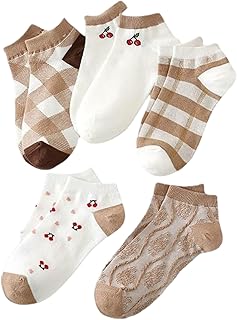 مجموعة جوارب نسائية قصيرة، ٦ أزواج، تصميم مخطط وطباعة كرز، لون بيج وأبيض