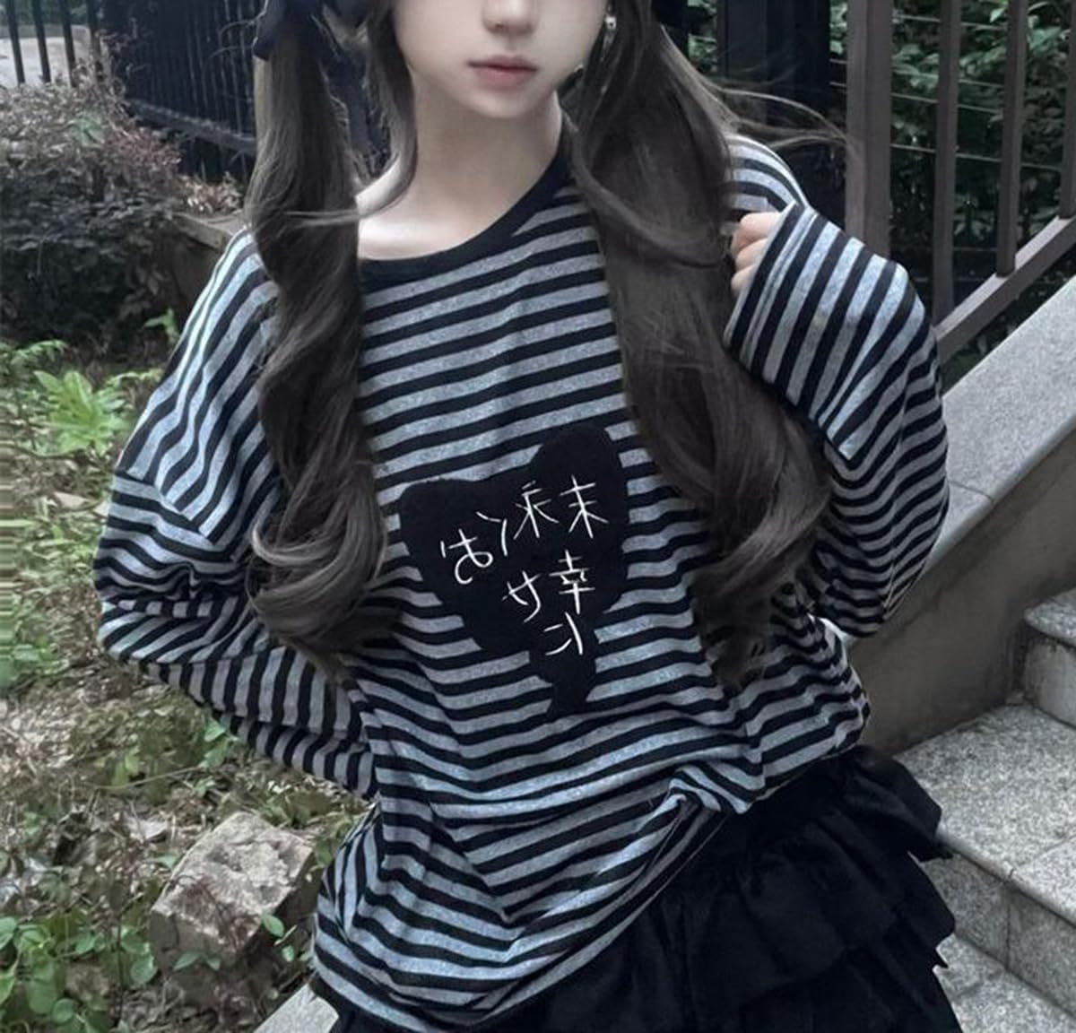 Y2k Cute Sweatshirts for Women Harajuku Kawaii Striped Sweatshirts Cartoon T-shirts - Image 2